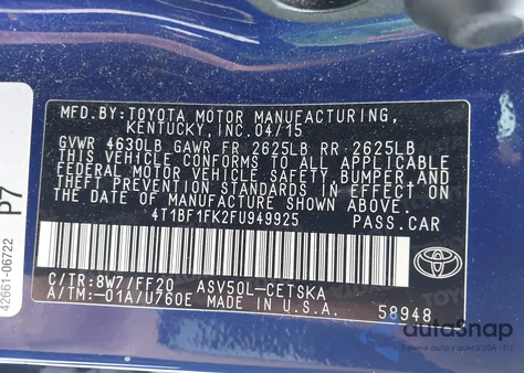 2015 Toyota Camry Se из США, поврежденный, VIN 4T1BF1FK2FU949925